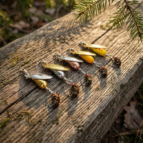 5Pcs Trout Spinners Barbless Fishing Lures with Single Hook Spinner Hooks for River Salmon Stream Fishing Durable Bass and Pike Lures for Freshwater Lake Angling