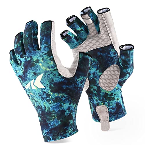 KastKing La Sal Fishing Gloves UPF50+ Sun Gloves UV Protection Fingerless Gloves Men Women for Outdoor, Kayaking, Rowing, Paddling, Canoeing, Hunting - color: F: Boulder Camo Aquarius, size: Small-Medium