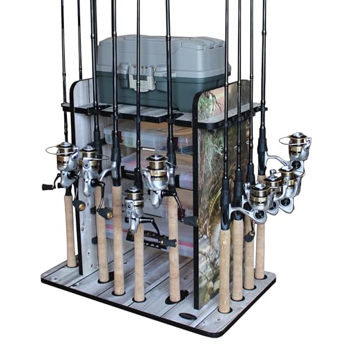 Rush Creek Creations Fishing Rod Holder for 14 Saltwater/Freshwater Rods, Fishing Pole Holder w/ up to 4 Fishing Gear Tackle Box Storage for Garage Organization/Boat Storage for Fishing Accessories | Fishing Pole Holder - color: Bass Pond Graphics