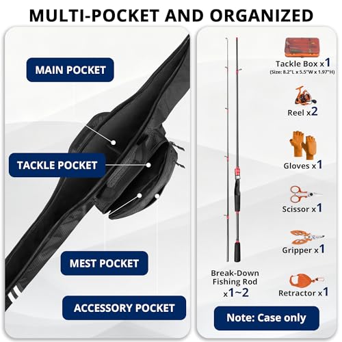 PEKREWS Fishing Rod Case, 52inch Fishing Pole Bag (3.9ft-4.4ft) with Tackle Pockets, Fits Break-Down Spinning Rod Reel Combo, Padded Soft Rod Bag with Strap Handle, Pole Travel Case For Angler - color: Black