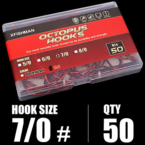 Octopus-Hook-Fishing-Beak-Circle-Hooks-Freshwater-Red-Black-100-50 Pack - color: 1-Red, size: Size:7/0 50-Pack