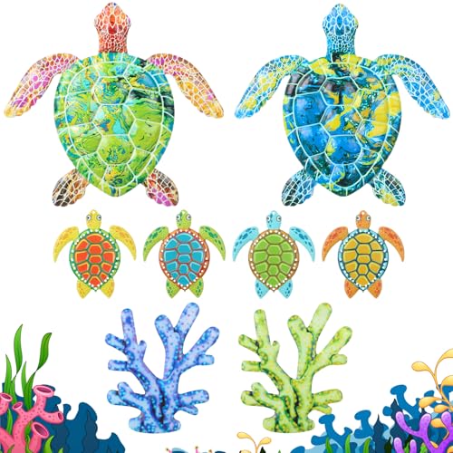 Tandefio 8 Pcs Metal Wall Decor Wall Art Hanging Decorations Outdoor Indoor Sculptures for Garden Fence Pool Home Porch (Turtle, Coral) - style: Turtle, Coral