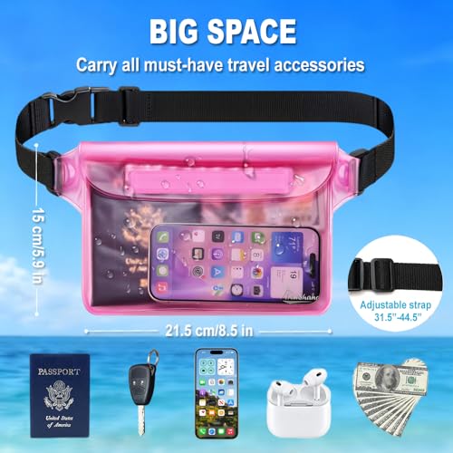 Waterproof Fanny Pack, Dry Bag Phone Pouch for Beach Swimming Kayaking | Floating dry bag keeps wallet & purse safe. Triple zip-lock seals water. Touchscreen works wet. Cruise, fishing & travel - color: Black+Pink