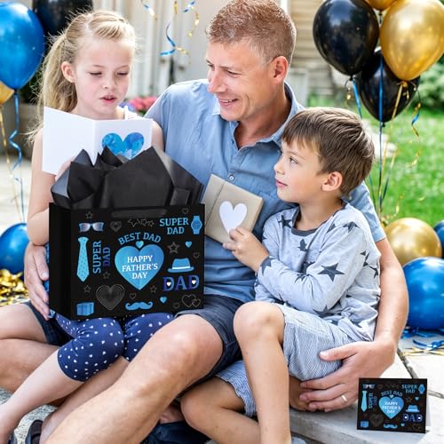 Hooqict Large Father’s Day Gift Bag Daddy Gift Wrap Bag with Handles, Tissue Paper, Greeting Cards for Best Dad Husband Grandfather Happy Fathers Day Celebrations Party Decorations - color: Father