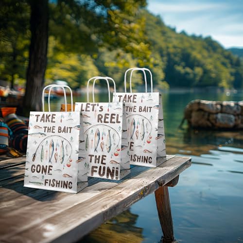 SamPartyShop 24 Pack Fishing Party Favor Bags for Kids – Gone Fishing Goodie Bags with Handles, Fishing Birthday Decorations, Fishing Party Supplies for Boys