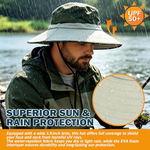 Wide Brim Sun Bucket Hat, Waterproof Boonie Hat for Men & Women | UPF 50+ UV Protection, Adjustable Fit, Chin Strap & Sweatband, Foldable Durable for Fishing Hiking Garden Beach - color: 02 Beige+army Green