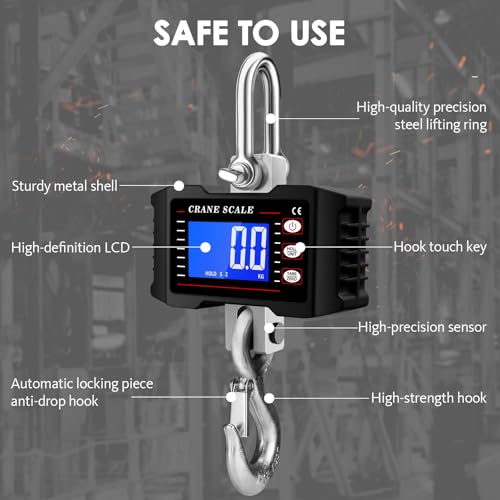 2200lb/1000kg Digital Crane Scale, Heavy Duty Industrial Hanging Scale with Backlit LCD, Tare, Data Hold and Unit Switch for Factory, Construction, Farm - color: Black