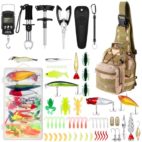 Sosation 134 Pcs Fishing Tool Fishing Tackle Box Kit and Equipment for Adults Beginner Gift, Hook Remover, Pliers Kit, Backpack Tackle Container Lures, Lip Gripper, Weigh Scale - color: Desert Camouflage