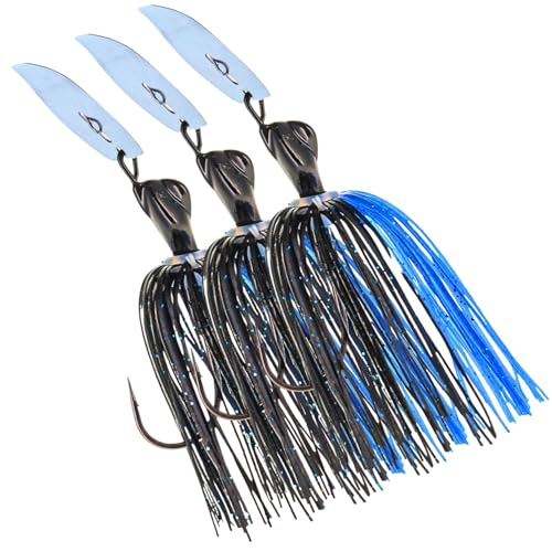 Reaction Tackle Breaker Jigs for Bass Fishing, Bladed Vibrating Swim Jig Lures with Silicone Skirts, Weedless Bait for Pike, Walleye, Muskie - 3 Pack - color: Black/Blue, size: 1/2 Oz