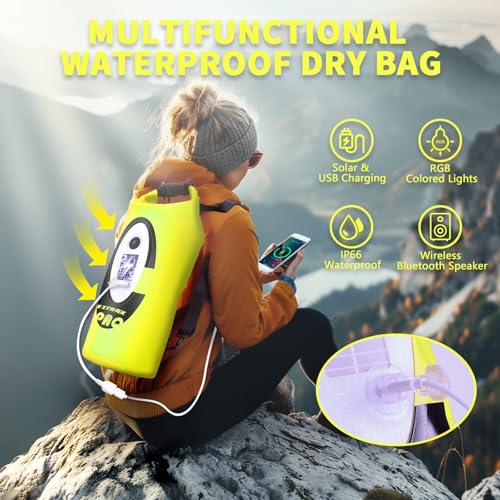 FELICON Waterproof Dry Bag Backpack, 20L, Neon Yellow | Bluetooth Speaker, Roll Top Floating Sack, Solar & USB-C Powered Emergency Charger, RGB Light - color: Neon Yellow, size: 20L