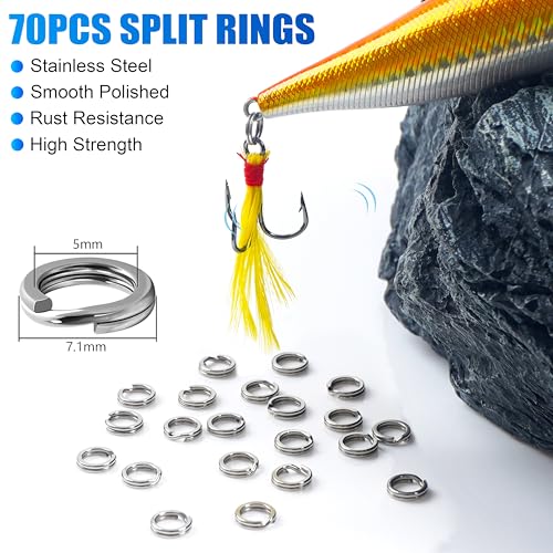 Feathered Treble Fishing Hooks, 120pcs Round Bend Treble Hooks with Split Rings for Making Fishing Lures Spinner Spoon Crankbait Feather Triple Hook Replacement for Saltwater Freshwater