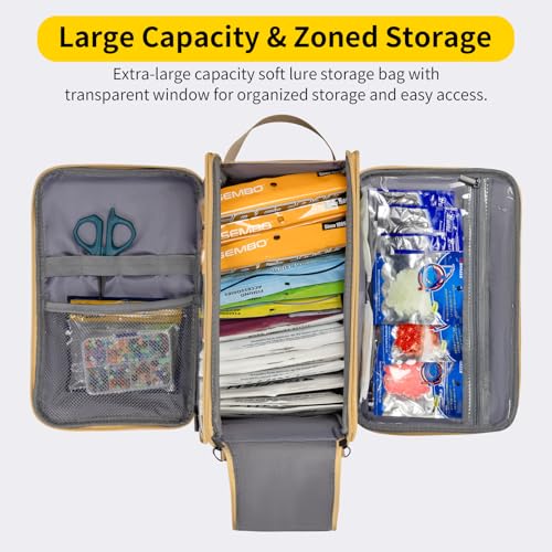 THKFISH Fishing Soft Plastic Bait Storage, Water-Resistant Extra-Large Clear Sleeves Tackle Bait Bag Storage For Lure Hooks, Sinkers & Fishing Accessories (Khaki) - color: Khaki