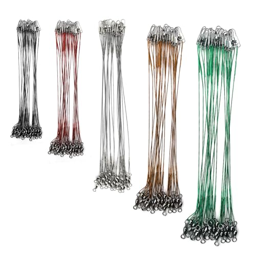 Stainless Steel Fishing Wire Leaders, Black Coated & Uncoated Options, Heavy Strength 31–100LB, 6–21in Multi Sizes with Rolling Swivels Snaps for Salt Fresh Water Shark Pike Barracuda - color: 100pcs-7in/8in/9in/10in/11in(31LB)