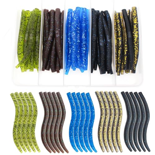 Ned Rig Kit for Bass Fishing – 25pcs/40pcs/60pcs/133pcs Finesse Soft Plastic Worms, Stick Baits, Swimbaits Lures with Shroom Ned Jig Heads, Complete Lure Set for Freshwater Fishing - color: 5 color-25pcs