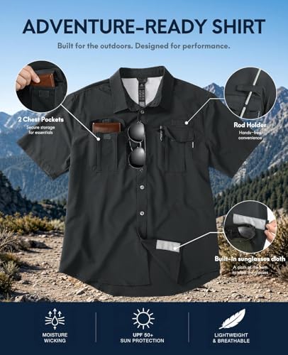 Haimont Men's UPF 50+ Short Sleeve Hiking Button Down Shirt | Quick-Dry Stretch, Mesh Back Vents, Rod Holder & Sunglasses Loops, Outdoor & Travel - color: Dark Grey, size: Medium