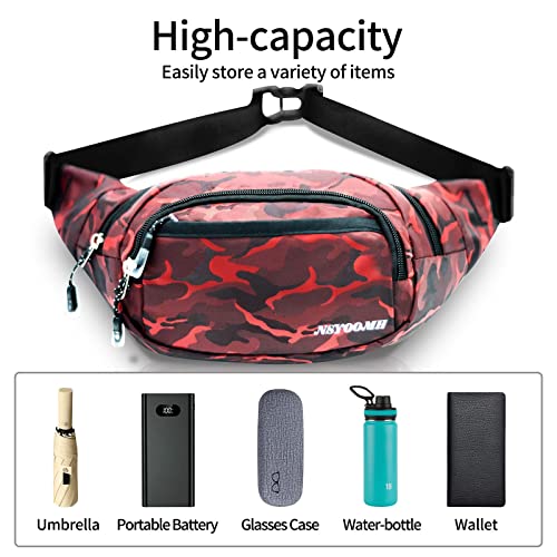 Crossbody Fanny Packs for Women, 5-Zipper Pockets Water Resistant Practical Waist Bag, for Outdoor Running Cycling Sports Travel Hiking Camping Fishing Fashionable Belt Bags - color: Fashion claret