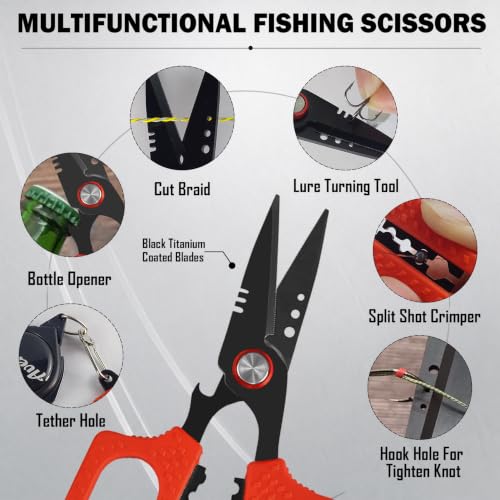 Eupheng Multifunction 4.7" Pro Fishing Scissors,Dual Serrated Blades Titanium-Coated Fishing Shears with Zinger Retractor Clip,Compatible with Braided Line,Mono and Fluorocarbon - style: 4.7in Green Scissors + Black Zinger