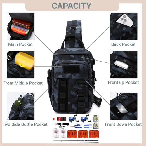 Fishing Sling Tackle Bag 5L - Fishing Tackle Storage Bags with Rod Holder for Angling Hiking Hunting Camping (Black) - color: Black