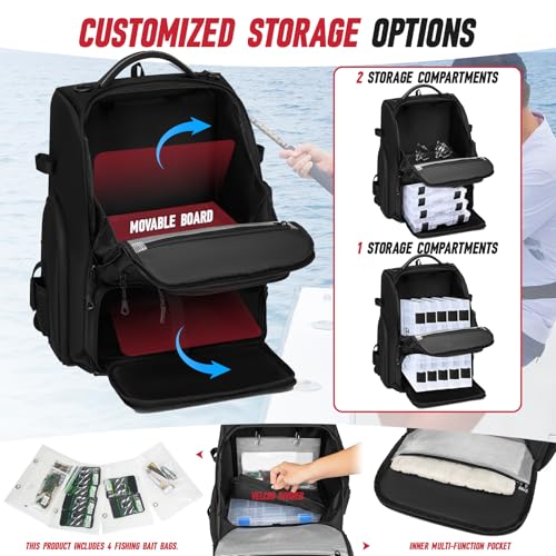 Fishing Tackle Backpack,40L Tackle Bag with 2 Rod Holders,Water-Resistant Large Storage Fishing Gear and Equipment(Black) - color: B-Black(Without tackle box)
