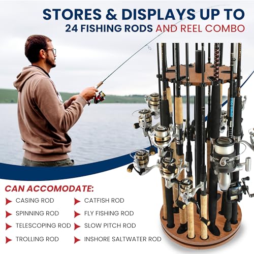 Rush Creek Creations Fishing Rod Holder - 360 Spinning Rack for Garage Organization and Storage, Pole Holder for Reels, Gear, Accessories, Tackle Box - color: Dark Walnut, style: 24 Spinning