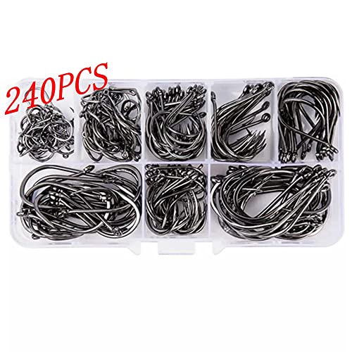 FCFKUK 240pcs/box Large Size Premium Fishhooks, 8 Sizes Strong Custom Offset Sport Black High Carbon Steel Barbs Fishing Hooks