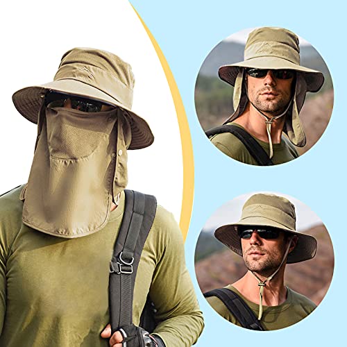 Fishing Hat for Men & Women, Outdoor UV Sun Protection Wide Brim Hat with Face Cover & Neck Flap - color: Khaki
