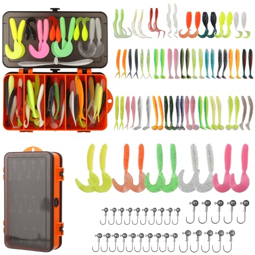 Soft Fishing Lures Set with Tackle Box, 6.5cm/8cm Paddle Tail Swimbaits, 60PCS Soft Plastic Baits with Curly Tails, Freshwater Fishing Lures for Bass, Trout, and More - color: 70 soft baits +30 Tube Jig+ double-sided bait boxes