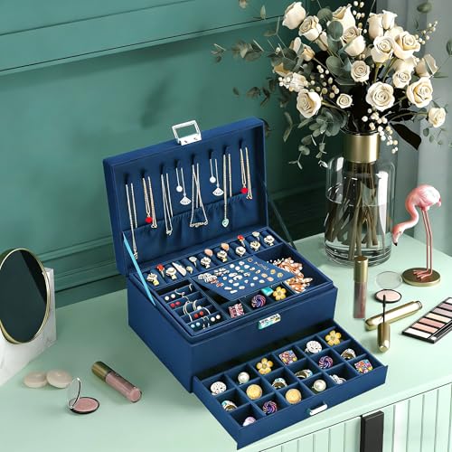 QBestry 3-Layer Jewelry Box for Women with Lock and Key & Drawer, Large Jewelry Organizer with 8 Necklace Hooks & 56 Earring Holes, Navy Velvet Jewelry Storage Box for Necklaces Earrings Ring Bracelet - color: Deep Blue