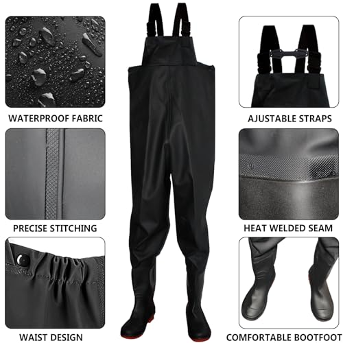 Fishing Chest Waders and Waist Wader Pants for Men, Waterproof PVC Lightweight Bootfoot Black Insulated Wading - size: 12