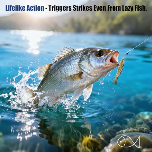 Crown Fishing Lures 8 Segment Realistic Swimbait with 3D Eyes Vibrating Actions,Smooth Lifelike Swimming for More Bites,Reinforced Fiber Joint