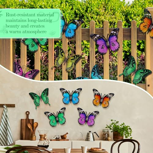 Tandefio 8 Pcs Metal Wall Decor Wall Art Hanging Decorations Outdoor Indoor Sculptures for Garden Fence Pool Home Porch(Butterfly) - style: Butterfly