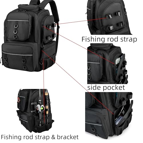WANOON Fishing Backpack,Tackle Bag,with Tackle Boxes. Large Fishing Bag, Strong Materials | 42L Large Capacity Fishing Bag, Multiple Pockets for Organized Outdoor Fishing Storage - color: Black, size: 42L-With Tackle Boxes