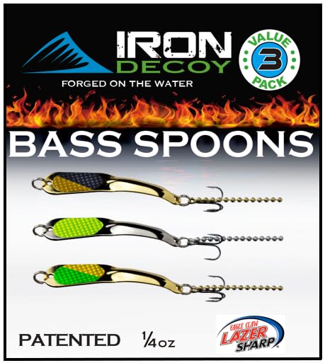IRON DECOY Spoon Fishing Lures 3-Pack, Multi-Species Metal Spoons for Trout, Walleye, Bass, Salmon, Pike, Ice Fishing & Trolling, Vibrating Spoon Lure Kit - color: Bass #2, 1/4 oz