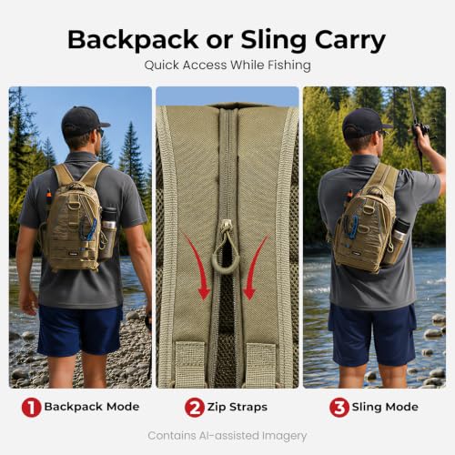 Piscifun Fishing Backpack with Rod Holder, Lightweight Sling Bag Storge Gear and Equipment - color: Khaki Camouflage, size: Standard, style: Urban
