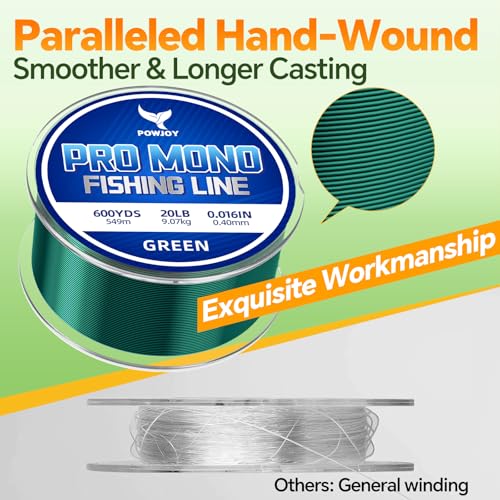 Monofilament Fishing Line with Knot Guide Card, Tangle-Free Snap Ring for No More Mess, Low Memory Smooth Casting Nylon Mono String, 15/20/30/50/80LB, 220-1050 Yards - color: Green, size: 20LB 600Yards