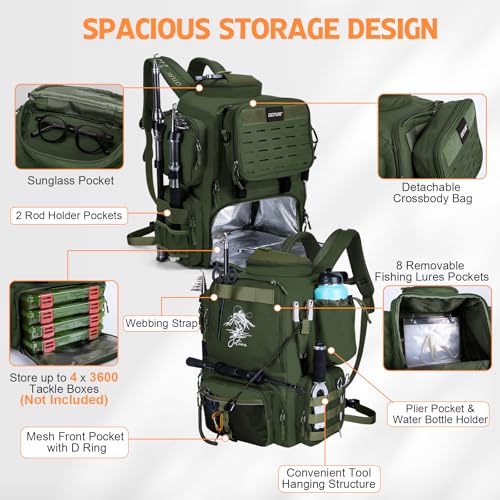 Goture Fishing Backpack, 58L 900D Water-Resistant Insulated Tackle Backpack with Cooler, Rod Holders, 8 Lure Pockets, Detachable Crossbody Bag, Gear Storage Large Fishing Bag for Camping Hiking - color: Green