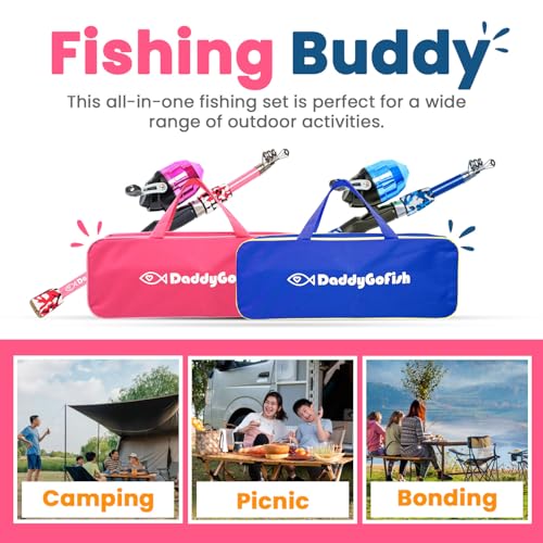 DaddyGoFish Kids Fishing Pole - Rod Reel Combo Tackle Box Starter Set - First Year Small Gear Kit for Boys Girls Toddler Youth Age Beginner Little Children - color: 2 Pack- Blue + Pink (Essential Set), size: 4ft