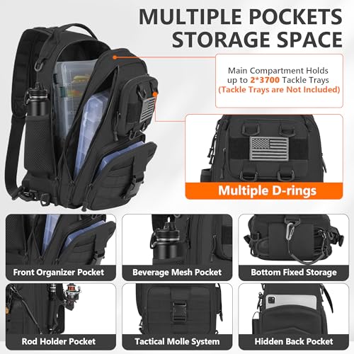 GMAK Fishing Backpack Tackle Sling Bag, Large Tactical Fishing Tackle Backpack with Rod & Gear Holder, Lightweight Outdoor Water-Resistant Tackle Gear Pack Shoulder Bags for Men Women, Black - color: Black, size: Large, style: Sling Backpack