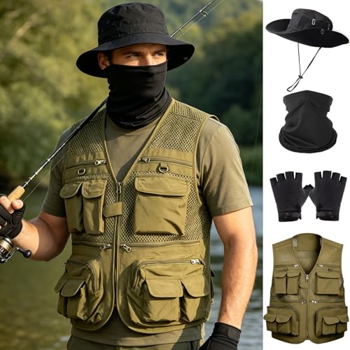 HUNTURE Fishing Vest,Pocket Vest and Hat Gloves Neck Gaiter Set for Men,Lightweight Utility Outerwear Vest - color: Khaki, size: Medium
