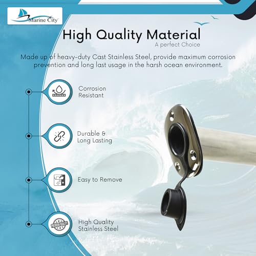 MARINE CITY Heavy Duty Stainless Steel Flush Mount Rod Holder and PVC Liner with Cap and Gasket 15 Degree for Marines – Boats – Yachts – Kayaks (Pack of 1)