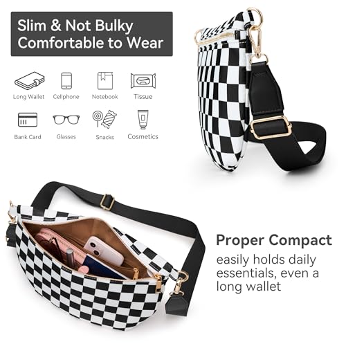 KALIDI Checkered Crossbody Bags for Women Travel Flat Fanny Packs for Woman Men Nylon Cross Body Purse Fashion Belt Bum Bag - color: Black Checkered