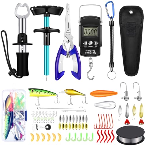 Sosation 134 Pcs Fishing Tool Kit Fishing Gear and Equipment for Men Adults Family Pliers Kit, Hook Remover Tool, Lip Gripper Set, Lures Baits Tackle Accessories Gifts for Father - color: Blue