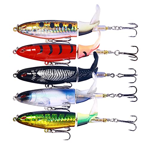 Topwater Fishing Lures With Storage Box, Whopper Popper for Bass, Catfish, Pike, Perch - Floating Pencil Bait With Rotating Tail for Freshwater or Saltwater - color: C-5PCS