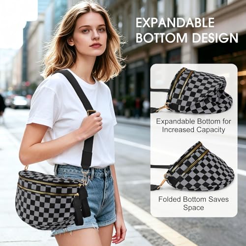 Checkered Nylon Crossbody Bag Bum Bag for Women Mom Large Checkered Fanny Packs with Adjustable Strap - color: Dark Gray Checkered