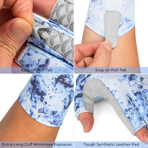 KastKing La Sal Fishing Gloves UPF50+ Sun Gloves UV Protection Fingerless Gloves Men Women for Outdoor, Kayaking, Rowing, Paddling, Canoeing, Hunting - color: D: Boulder Camo Bay, size: Large-X-Large