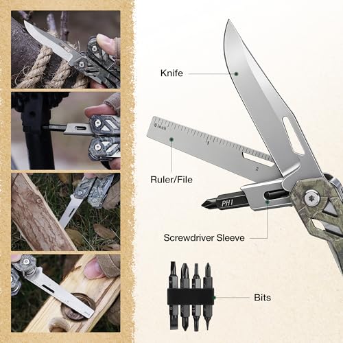 MOSSY OAK Multitool, 22-in-1 Stainless Steel Pliers with Screwdriver Sleeve, Camo Steel Handle, Self-locking Knife with Sheath-Perfect for Outdoor, Survival, Camping, Hiking, Simple Repair - color: 22-in-1, Camo