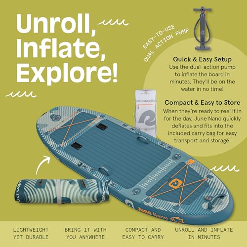 Retrospec June Nano Kids Inflatable Fishing Paddle Board SUP Kayak: 9'6" Hybrid Paddleboard with Rod Holders, Removable Seat - Lightweight Portable Youth Fishing Board - color: River Rock Legacy
