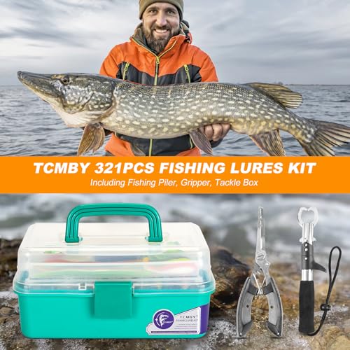 TCMBY 3 Layers Tackle Box with Tackle Included, 321Pcs Fishing Lures Kit Contains Pliers, Crankbait, Hooks, Weights & Accessories, Fishing Gear Bait Lure Gifts for Men Bass Freshwater (Green) - color: Green