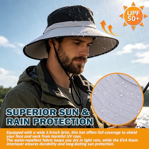 Wide Brim Sun Bucket Hat, Waterproof Boonie Hat for Men & Women | UPF 50+ UV Protection, Adjustable Fit, Chin Strap & Sweatband, Foldable Durable for Fishing Hiking Garden Beach - color: 02 Light Grey+black