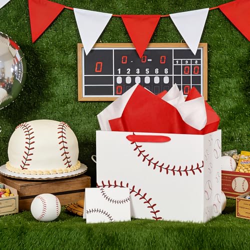 Hooqict Baseball Gift Bag Baseball Birthday Party Gift Wrapping Bag with Handles, Tissue Paper, Greeting Card for Kids Boys Men Sport Themed Birthday Party Favors Supplies - color: White Baseball